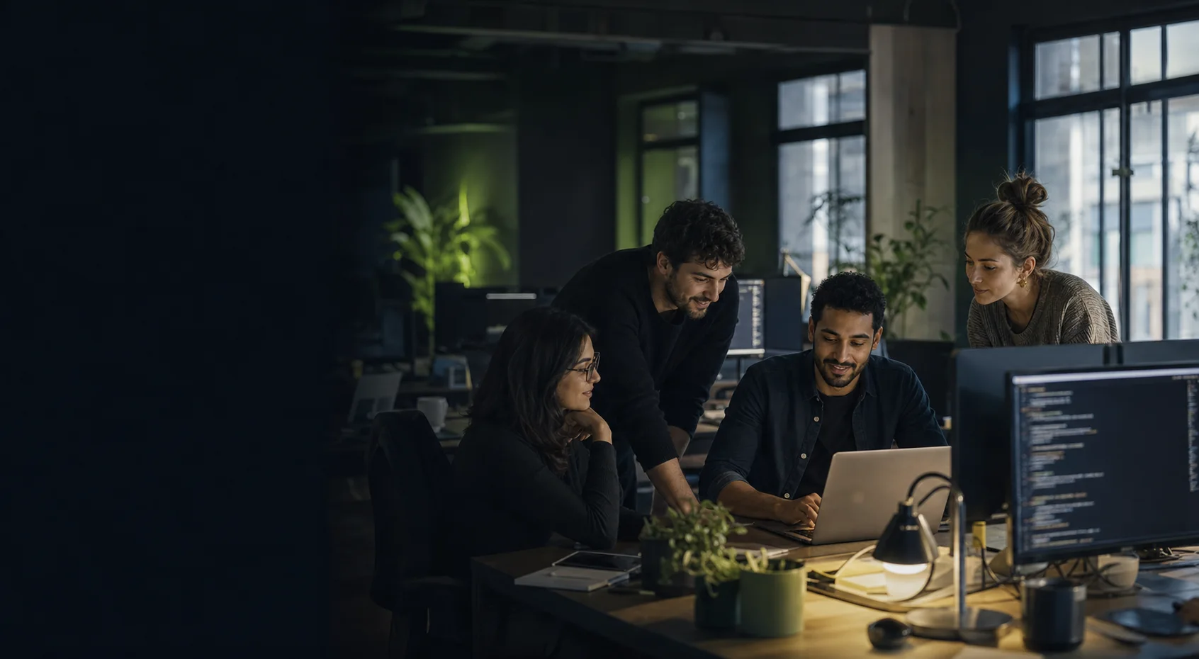 Illustrative web team collaborating in a modern studio