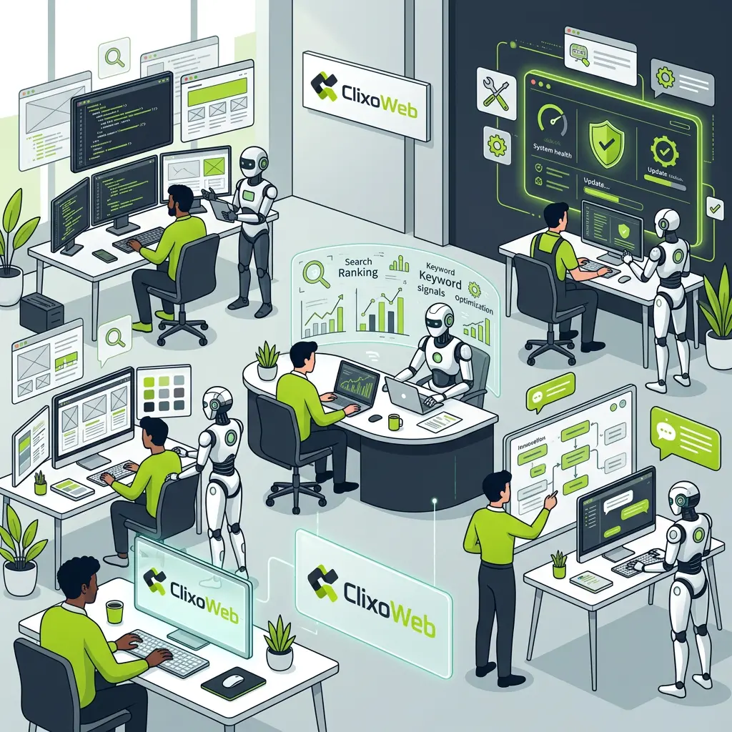 ClixoWeb illustration showing web development, maintenance and AI services